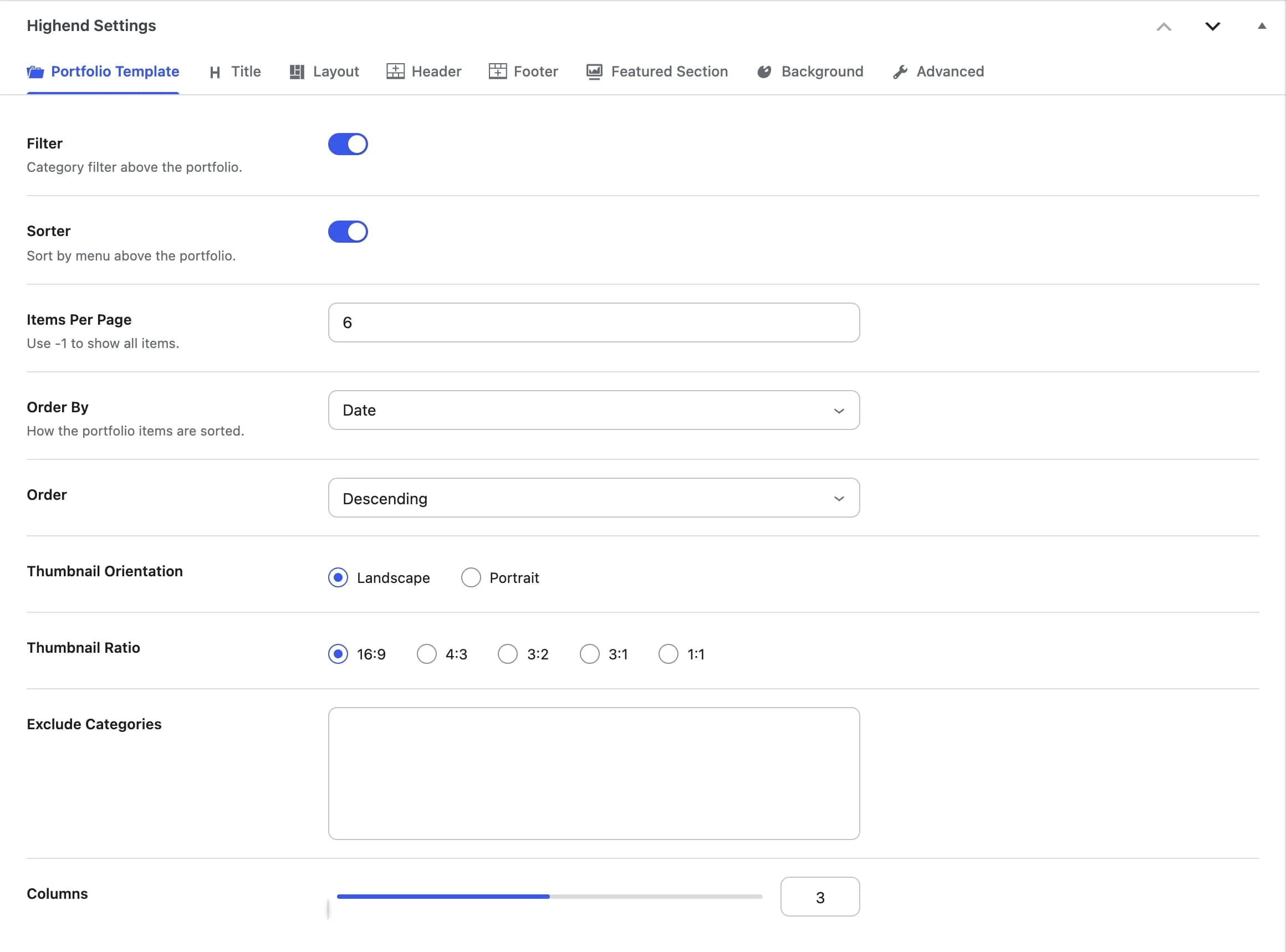 The Portfolio Template tab