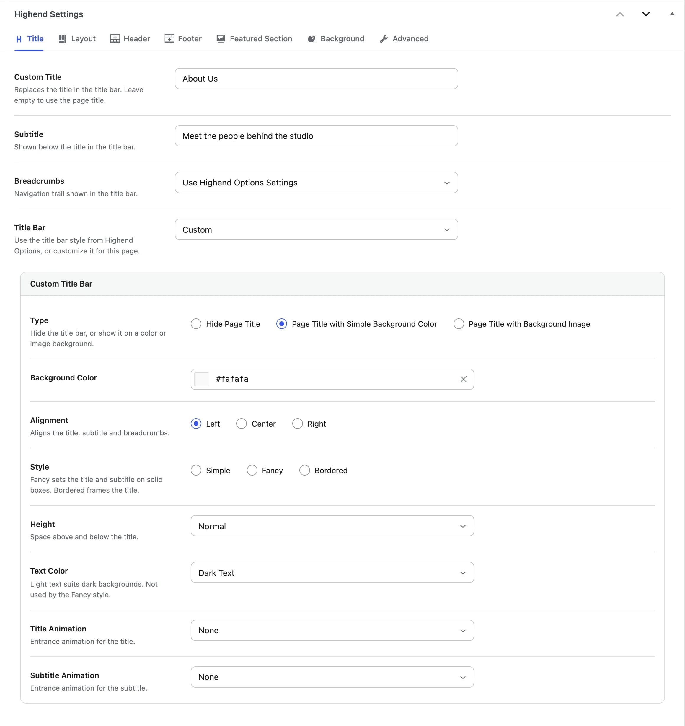 The Title tab with Title Bar set to Custom, showing the Custom Title Bar fields