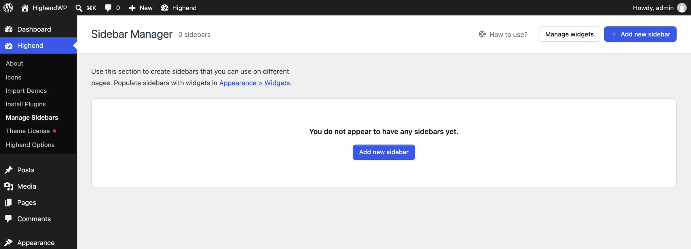 The Sidebar Manager page with no custom sidebars created yet