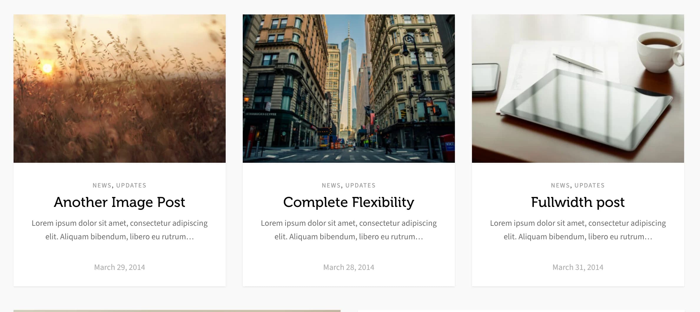 Blog Boxes showing three post cards in a row