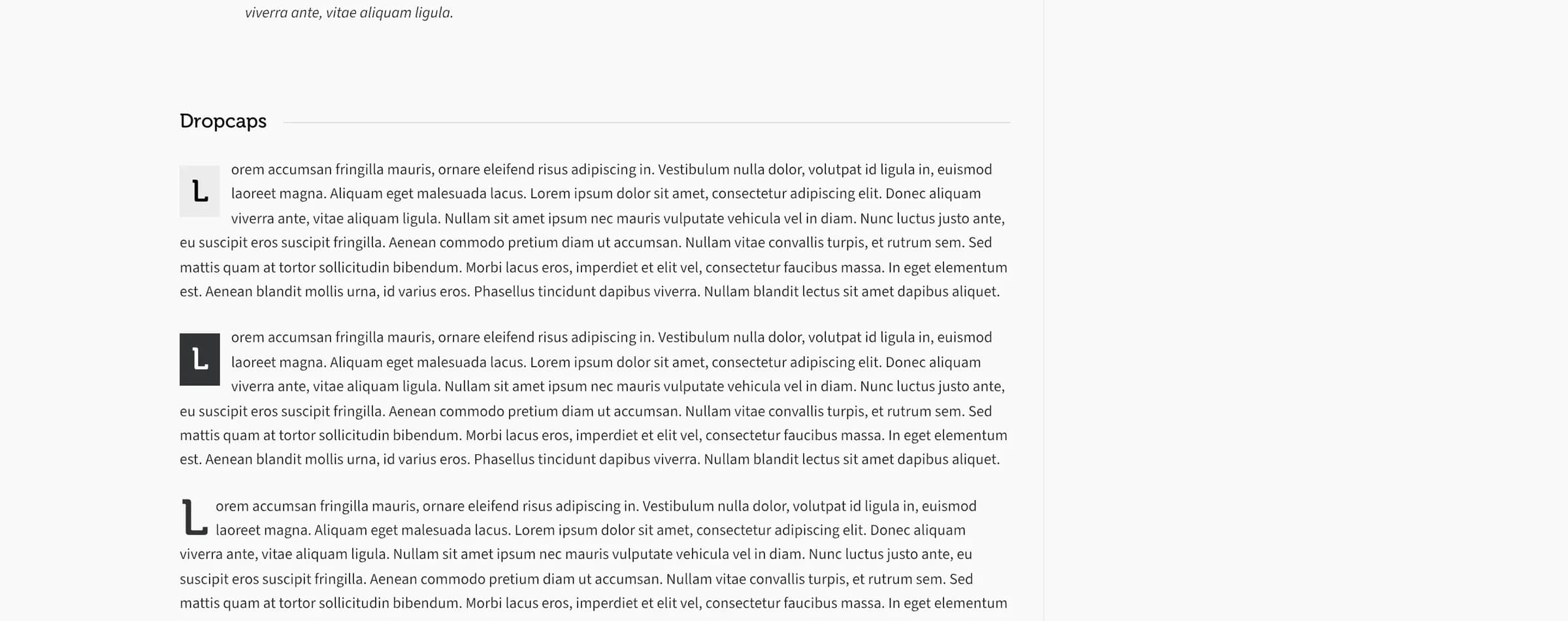 Three dropcap styles: default (light gray box), dark, and simple (no box)