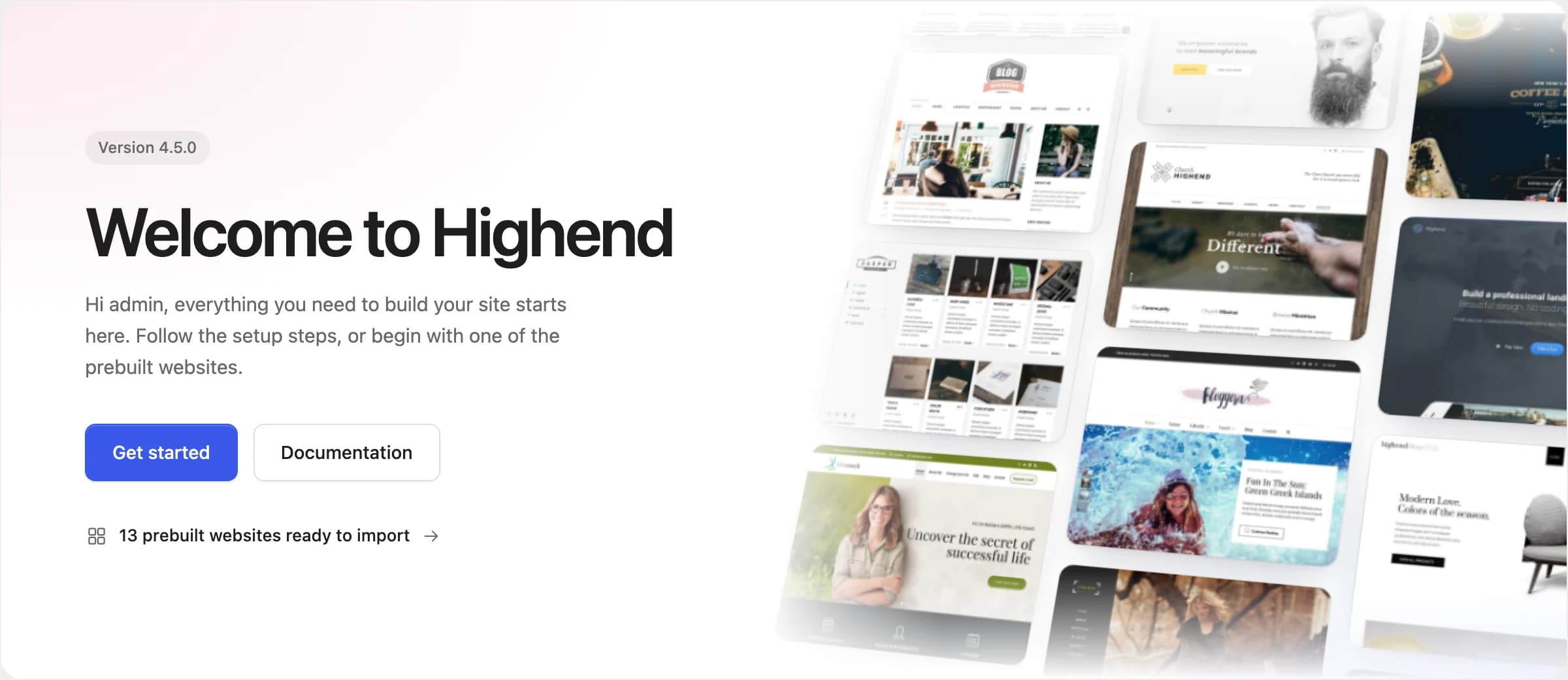The Highend About page, the first screen you see after activating the theme