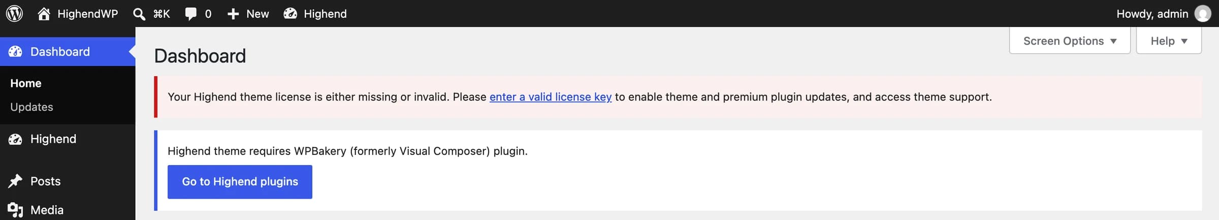 A Dashboard notice about a missing license and a required plugin