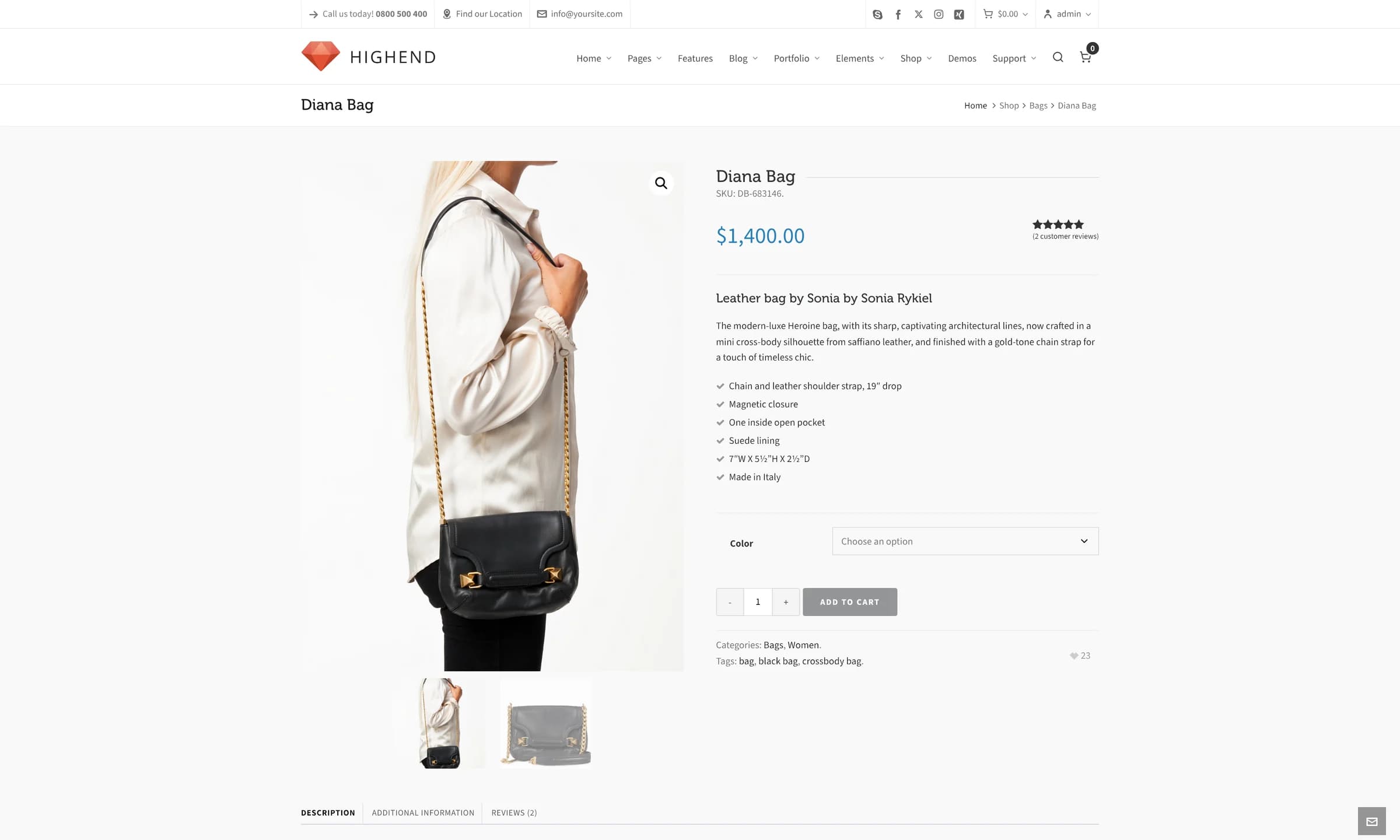 A WooCommerce single product page styled by Highend, with the header cart, like count, and image gallery