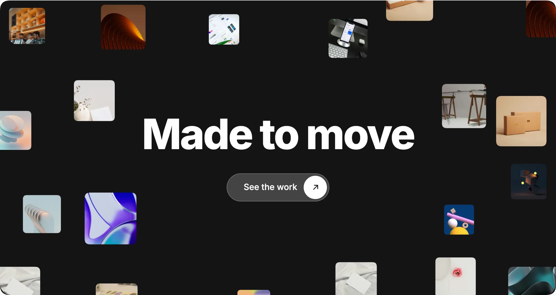 A dark rounded row with a large heading and a glass button, surrounded by small floating images