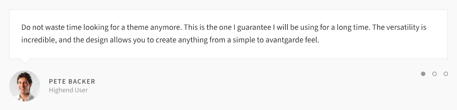 Testimonial Slider showing one large quote with dot navigation